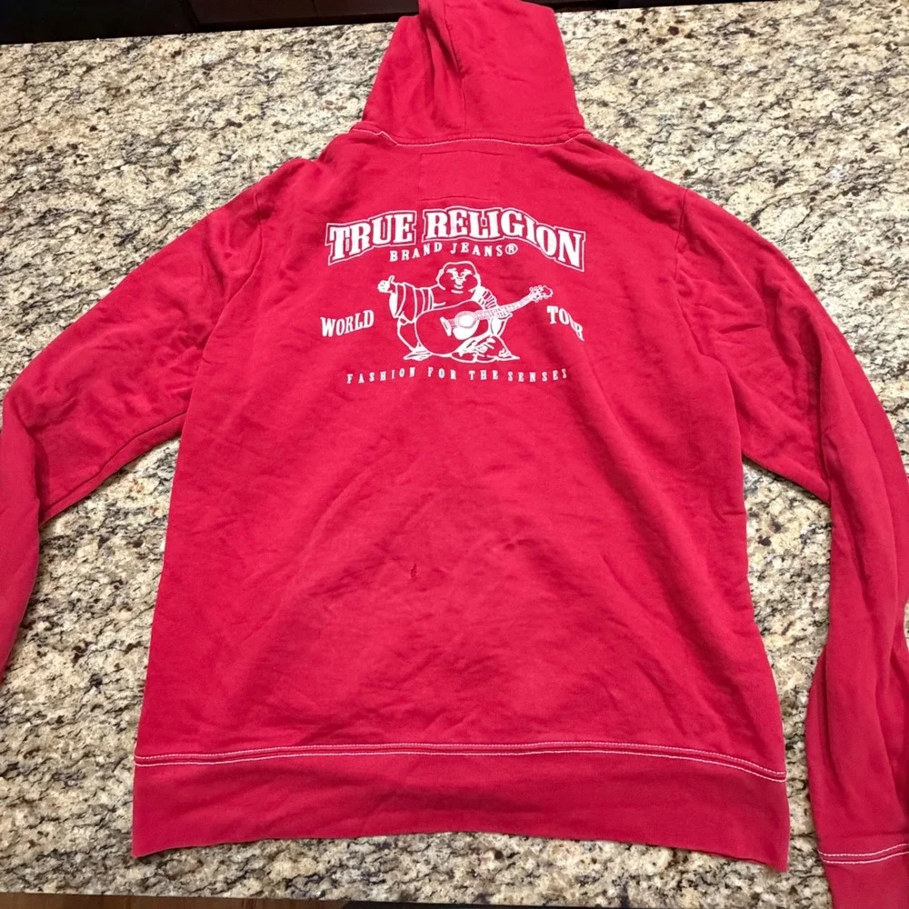 True Religion Mens Red World Tour Buddha Logo Zip Up Hoodie Sweatshirt 2XL